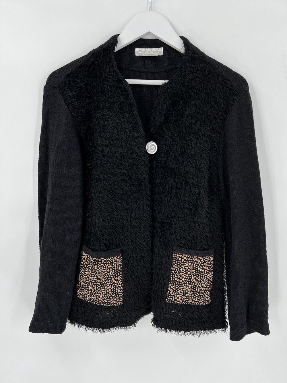 Nino Wong Vintage Jacket Womens XS Black Faux Fur Spotted Pockets Button V Neck